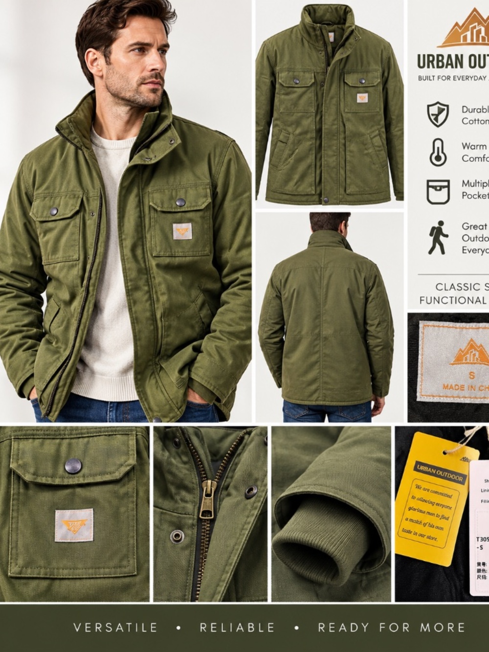 TUAOVA Men’s Army Green Utility Field Jacket Size S Cotton New With Tags